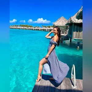 Lulus Catch the Sun Navy Blue Print Off-Shoulder Maxi Dress | Small